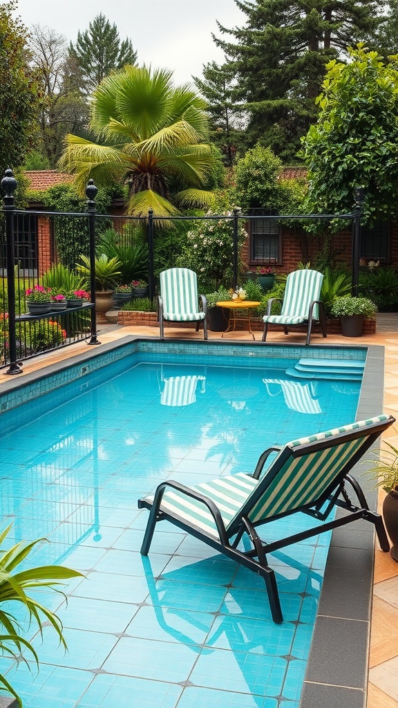 A vintage-inspired swimming pool with blue tiles, surrounded by green plants and striped lounge chairs.