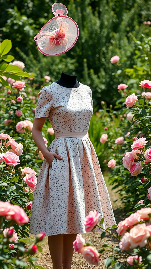 A vintage tea dress with a fascinator displayed in a garden surrounded by roses.