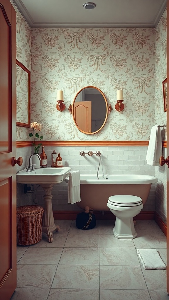 A vintage-inspired bathroom with patterned wallpaper, a freestanding bathtub, and classic fixtures.