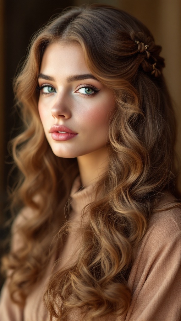 A young woman with vintage-inspired waves styled in loose curls, adorned with subtle hair accessories.