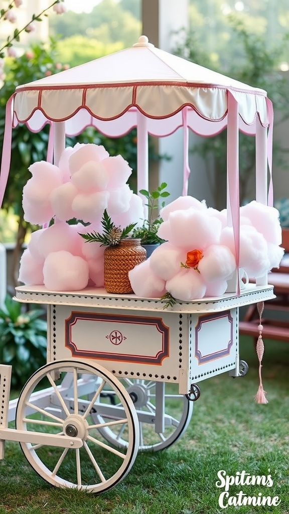 A vintage-style cotton candy cart with pink cotton candy and decorative elements, set in a green garden.