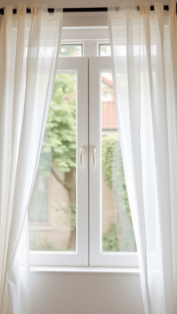 Light, airy vintage-style curtains framing a window with a view of greenery outside.