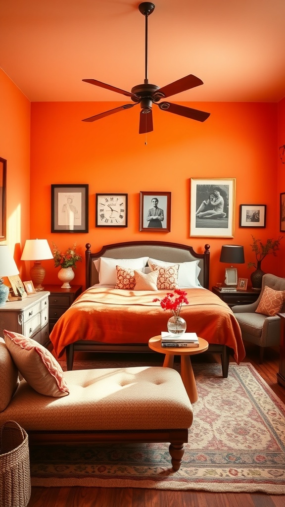 A vintage-styled bedroom featuring burnt orange walls, a wooden bed frame, vintage artwork, and cozy furnishings.