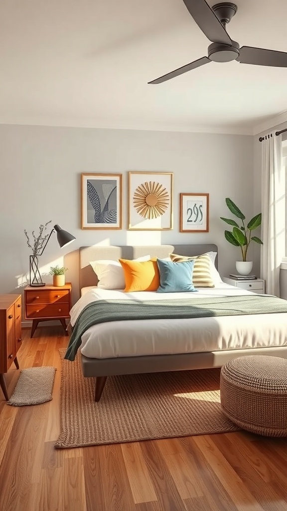 A mid-century modern bedroom featuring vintage accents like wooden furniture, framed artwork, colorful pillows, and plants.