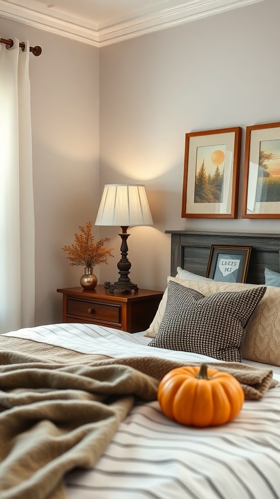 Cozy bedroom with vintage accents, featuring a bed with striped bedding, a bedside lamp, framed artwork, and a small pumpkin.