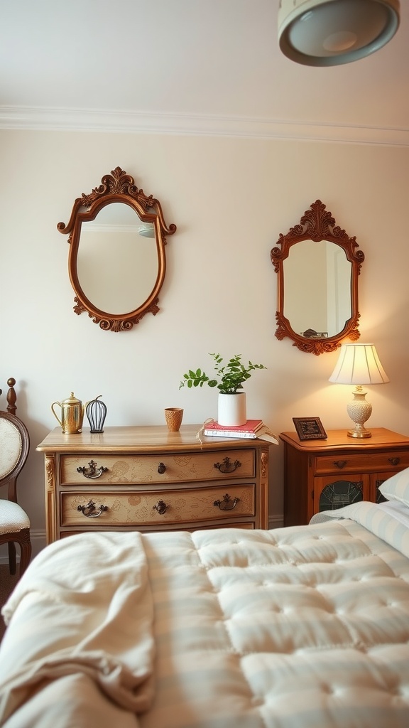 A cozy vintage-themed bedroom with a wooden dresser, ornate mirrors, a lamp, and a potted plant.