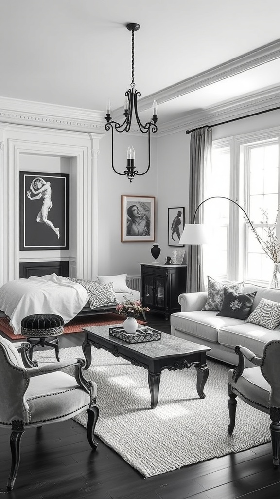 A stylish black and white living room featuring vintage furniture and modern decor.