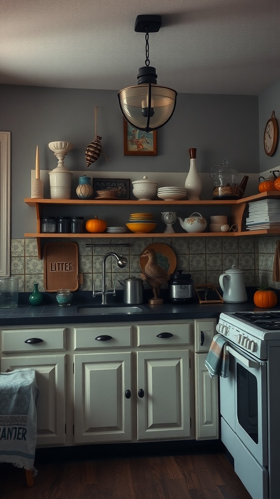 A cozy vintage kitchen with open shelving, colorful ceramics, and a warm light fixture.