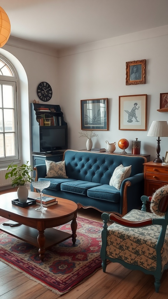 A vintage living room featuring a navy blue sofa, wooden coffee table, patterned chairs, and eclectic wall art.