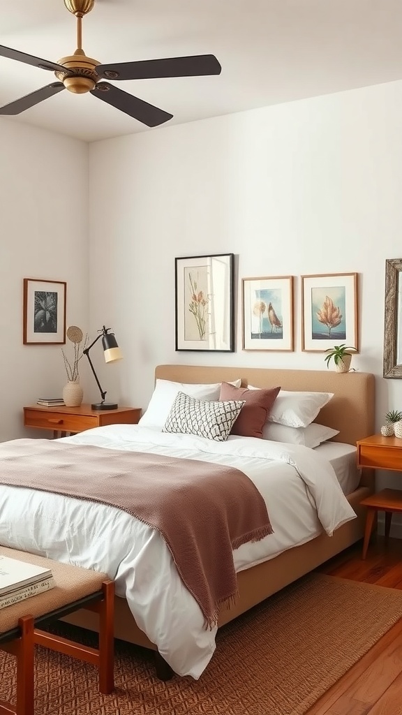 A mid-century modern bedroom featuring vintage accessories and art, with a cozy bed, framed artwork, and stylish decor.