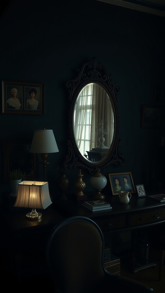 A cozy vintage bedroom scene featuring a mirror, lamp, and framed portraits.