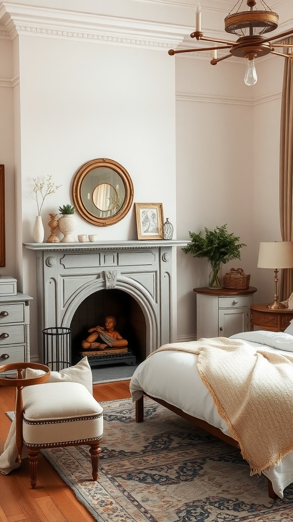 A cozy vintage bedroom featuring a faux fireplace, antique accents, and soft furnishings.