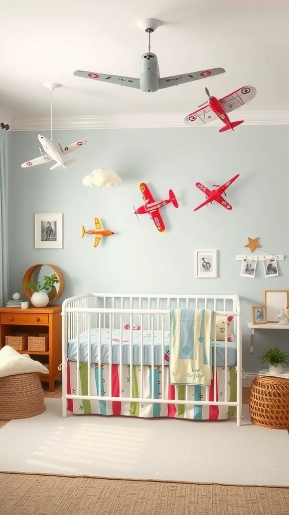A charming baby boy's room with vintage airplane accents, featuring colorful model airplanes hanging from the ceiling and a crib with themed bedding.
