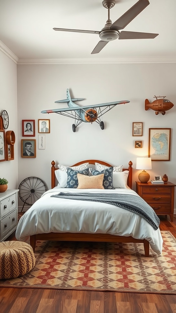 A vintage airplane themed preschooler bedroom featuring a blue airplane model on the wall, framed pictures, and comfortable bedding.