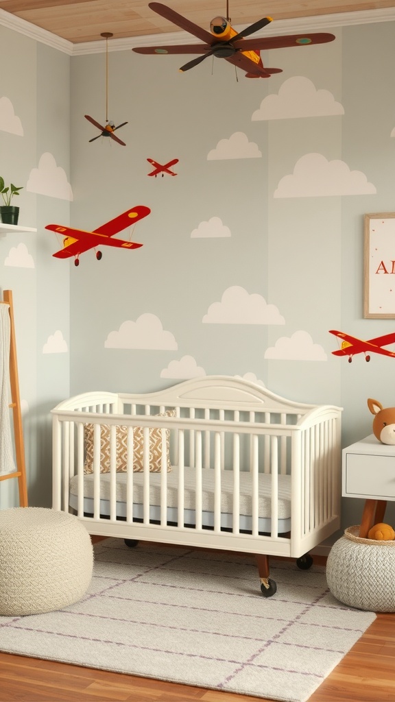 A nursery designed with a vintage airplane theme, featuring a crib, airplane decals, and soft clouds.