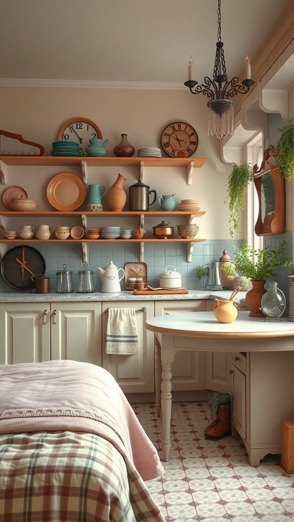 A cozy kitchen featuring vintage decor, including colorful ceramic dishes, wooden shelves, and a rustic chandelier.