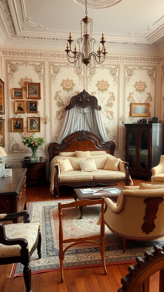 A vintage-inspired royal bedroom featuring ornate furniture, floral wallpaper, and a chandelier.