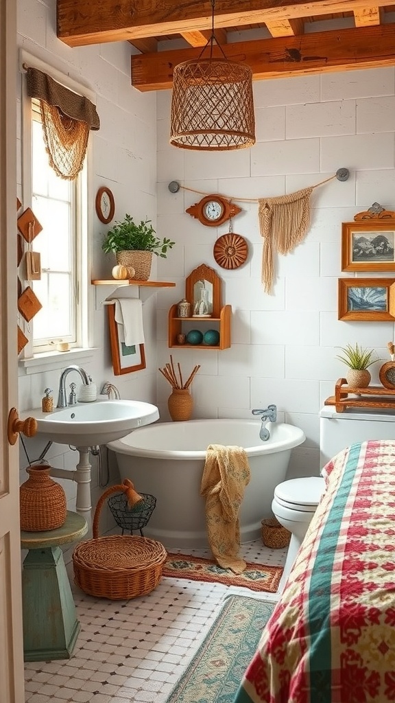 A cozy bohemian bathroom featuring vintage decor, wicker light fixture, wooden shelves, and plants.