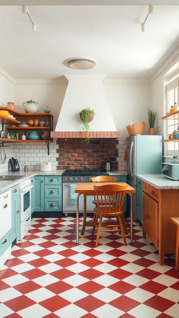 A vintage kitchen featuring a white chimney, blue cabinets, and a red and white checkered floor.
