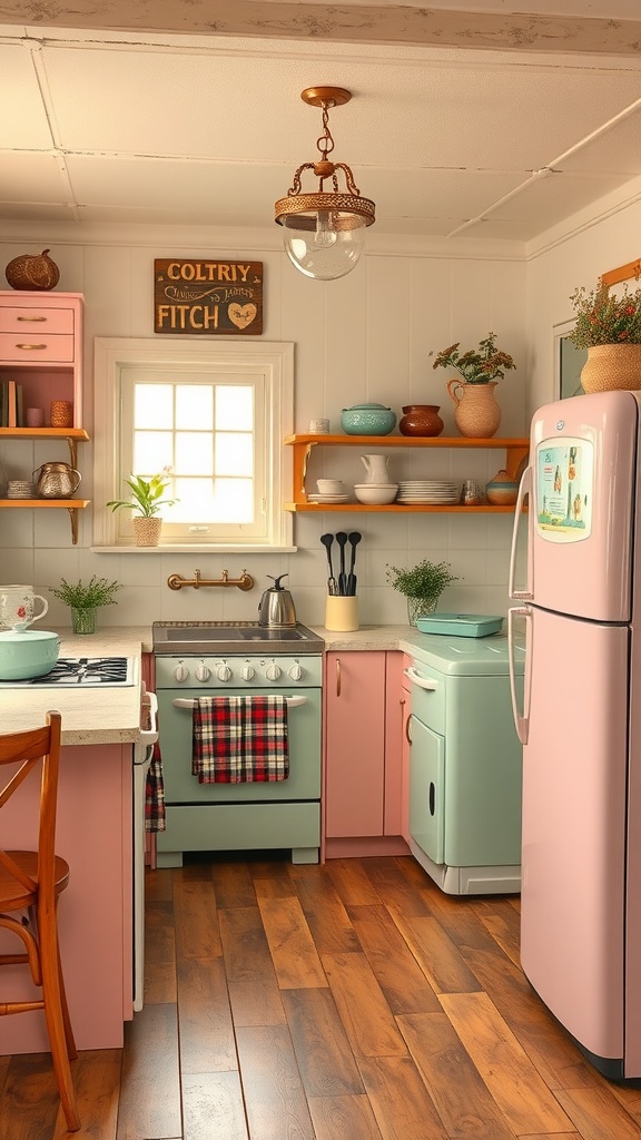 A vintage farmhouse kitchen with pink and mint green appliances.