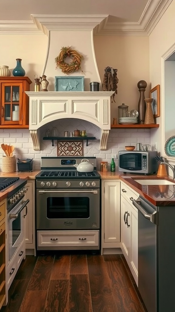 A vintage-inspired kitchen featuring a classic stove, modern appliances, and warm wood cabinetry.