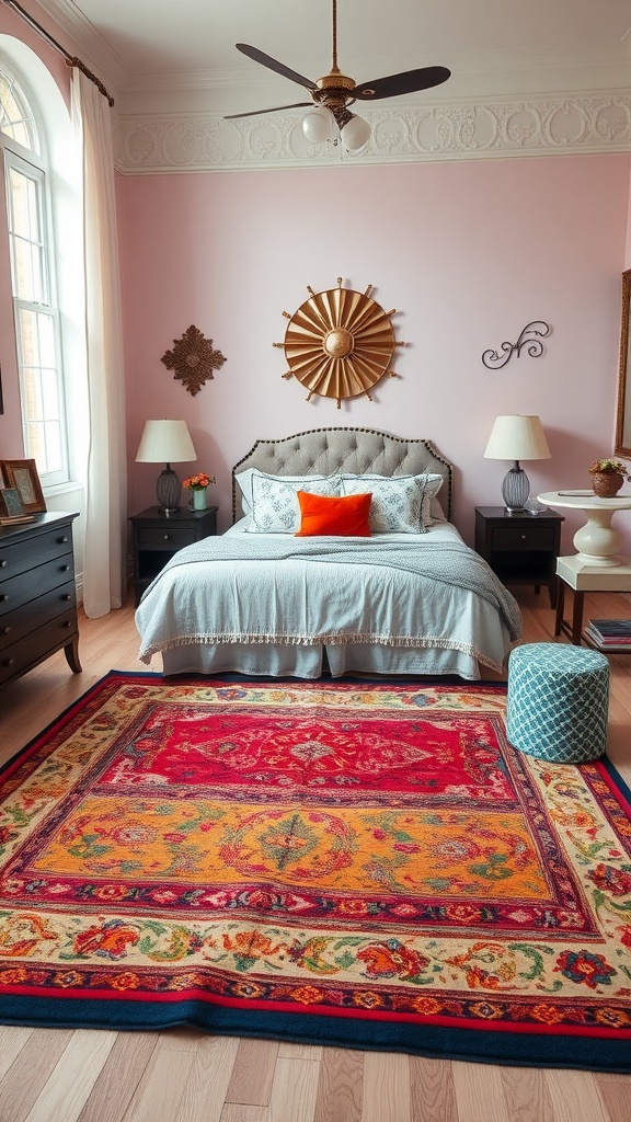 A vintage area rug in a cozy bedroom with pink walls and elegant decor.