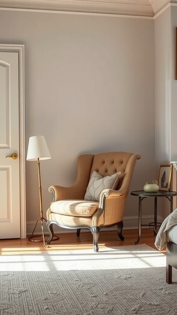 A vintage armchair with a warm color and elegant structure in a cozy bedroom setting.
