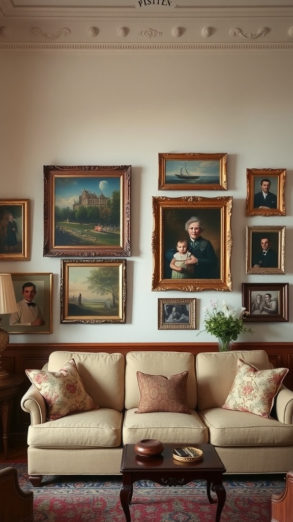A traditional living room featuring a gallery wall of vintage artworks and family portraits framed in ornate styles.