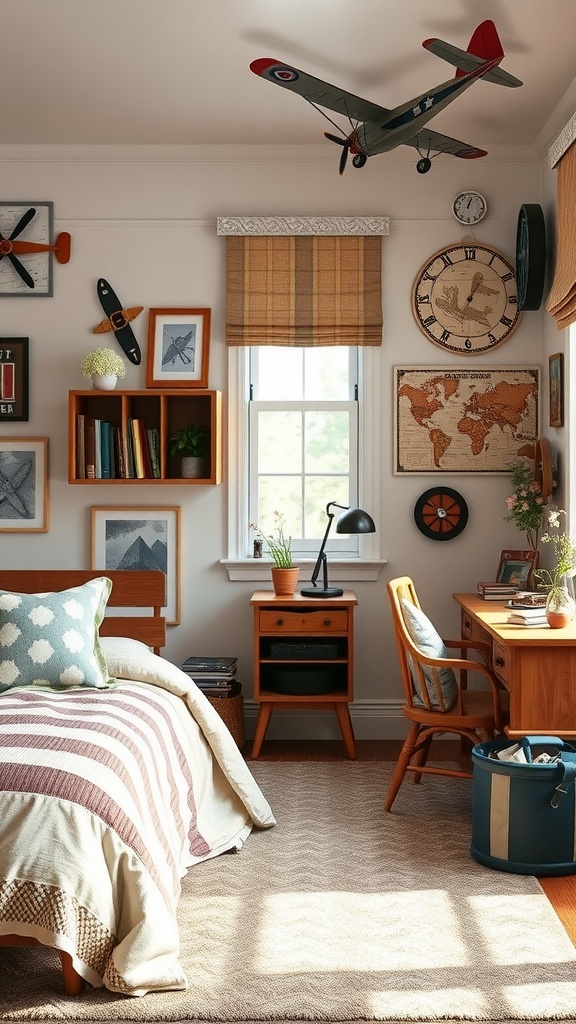 A kids' bedroom featuring a vintage aviation theme with models, wall art, and warm decor.