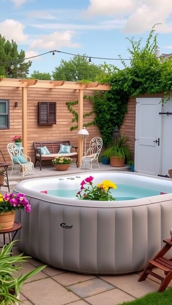 A vintage-styled backyard with an inflatable hot tub surrounded by plants and cozy seating.