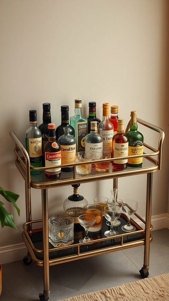 A vintage bar cart with various bottles and glassware, featuring a warm gold finish.