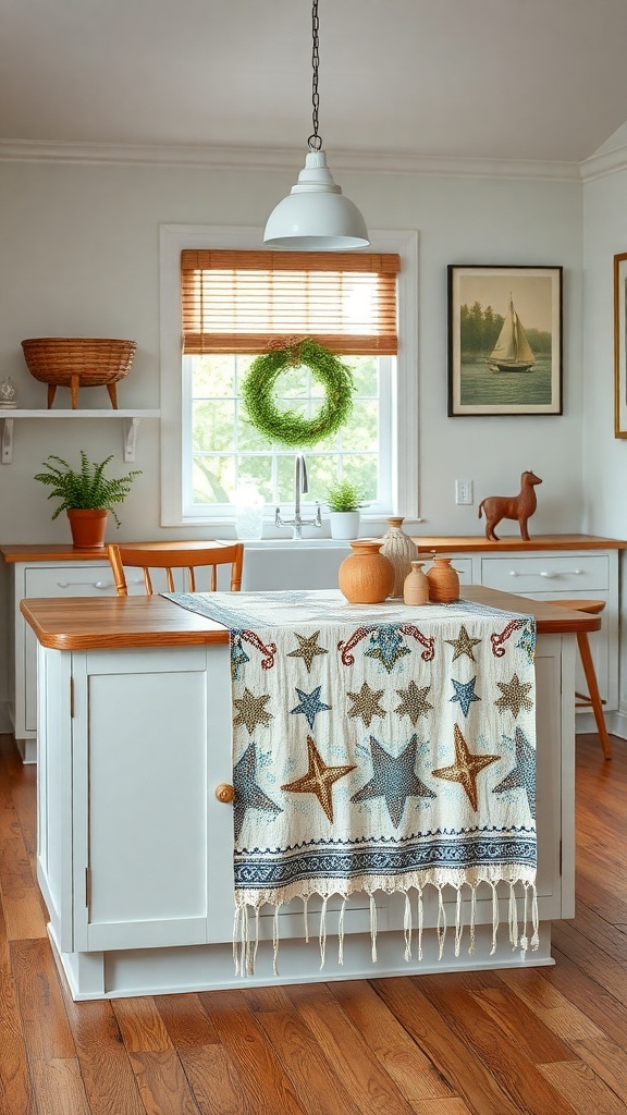 Vintage beach-themed table runner on a kitchen island with wooden accents and plants.