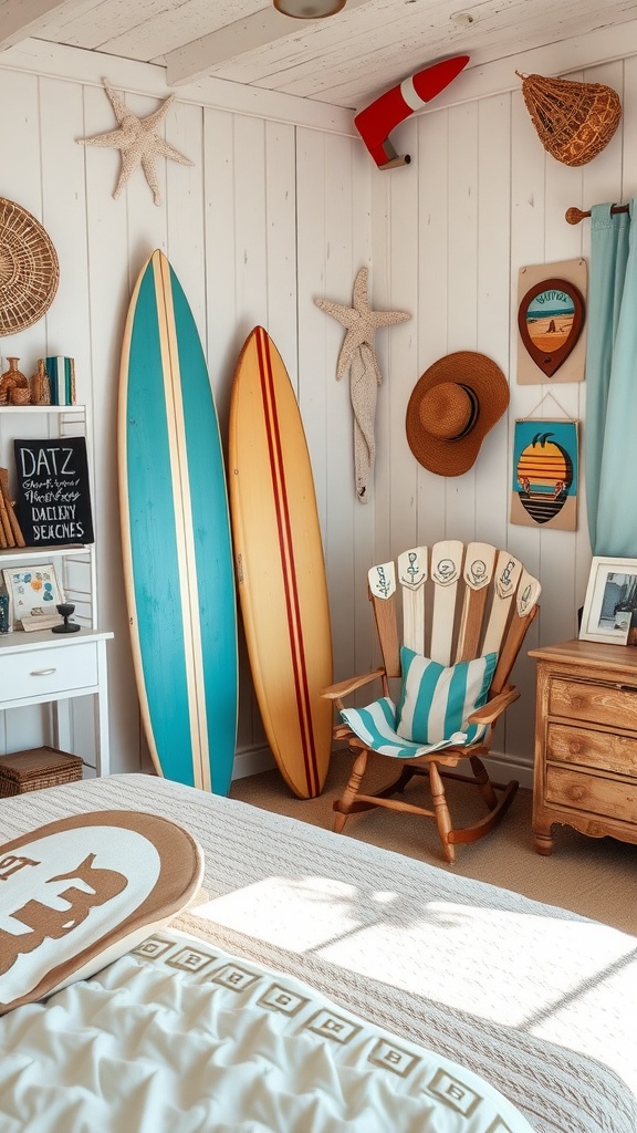 A cozy beach-themed bedroom featuring vintage surfboards, a rocking chair, and seaside decorations.