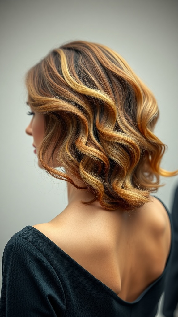 A woman with beautiful vintage beach wave hairstyle featuring soft curls and golden highlights.
