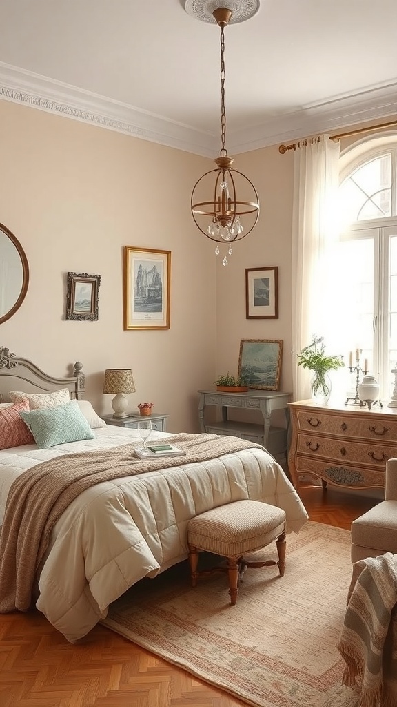 A cozy beige bedroom featuring vintage decor, a plush bed, and natural light.