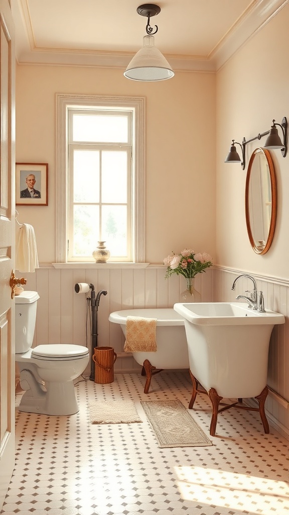 A vintage-inspired beige bathroom featuring a clawfoot bathtub, traditional toilet, and elegant decor.