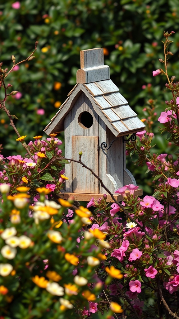 A vintage wooden birdhouse surrounded by colorful flowers in a garden