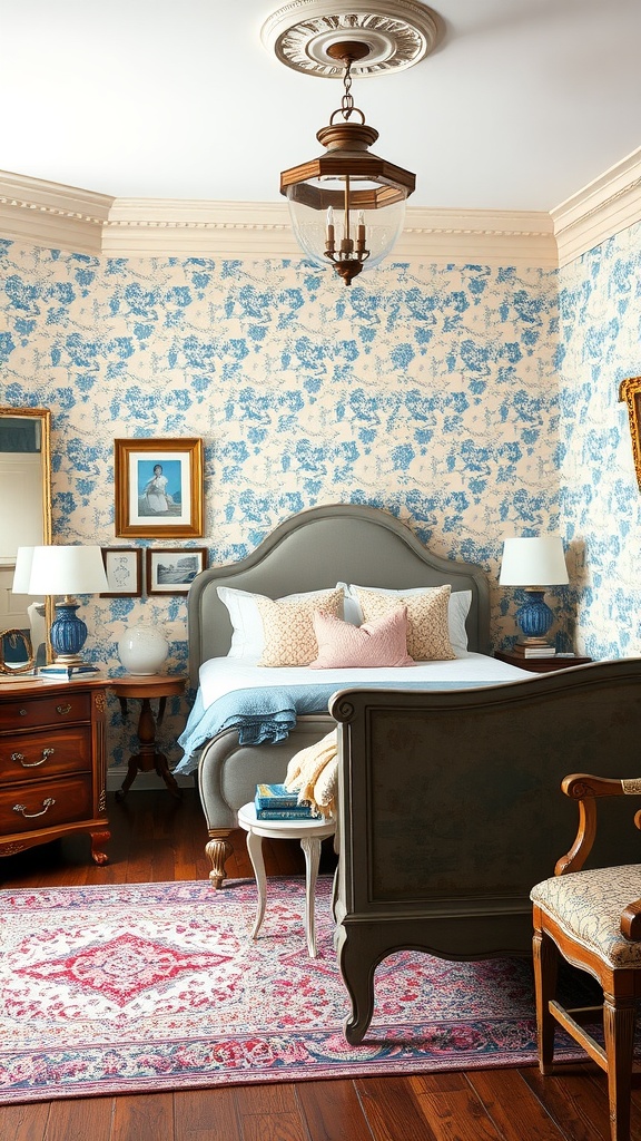 A cozy bedroom featuring vintage blue floral wallpaper, a comfortable bed, and classic wooden furniture.