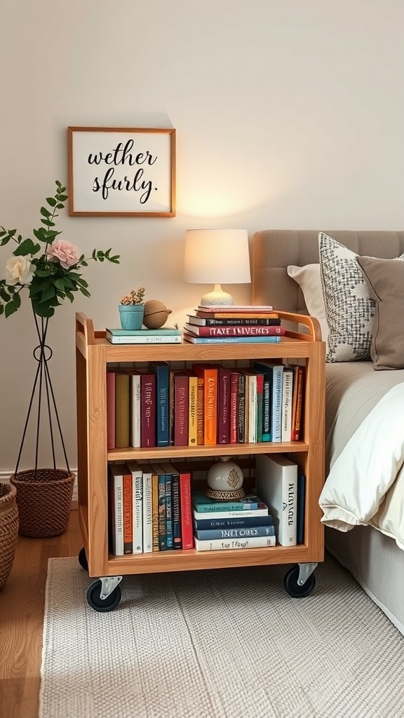A vintage wooden book cart on wheels filled with books, next to a bed and a lamp, showcasing a cozy bedroom setup.