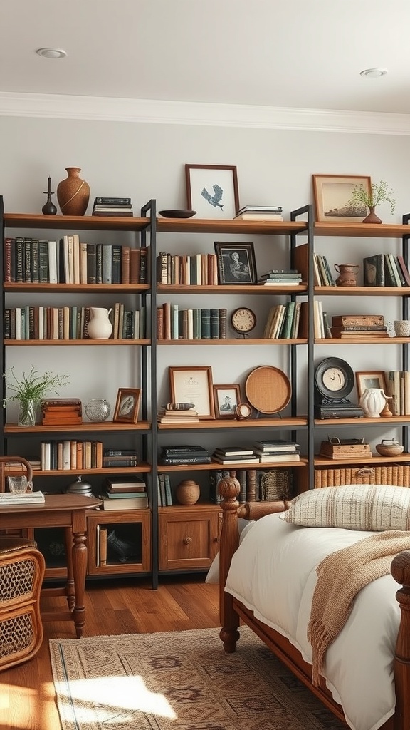 A cozy living room bookshelf filled with vintage books, decorative vases, and framed pictures.