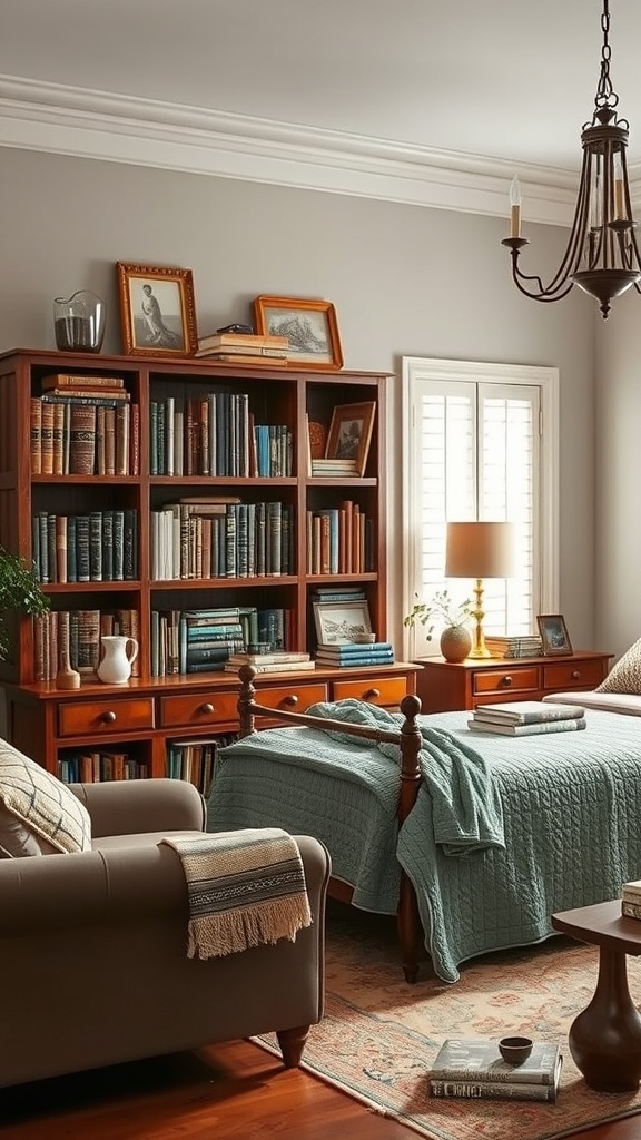A cozy living room featuring a vintage wooden bookcase filled with books and decorative items, a comfortable sofa, and warm lighting.
