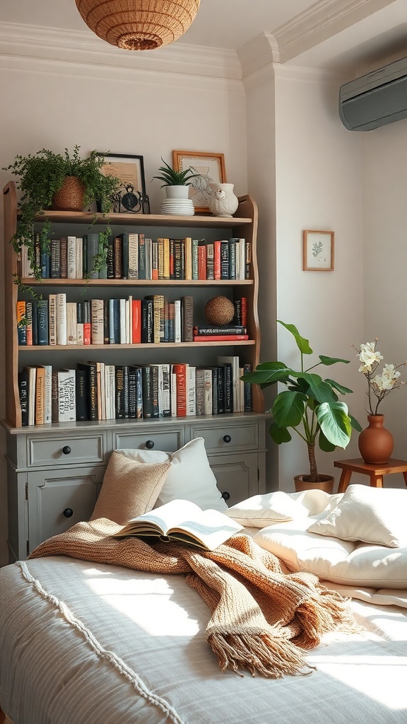 A cozy bedroom featuring a vintage bookshelf filled with books, plants, and decorative items, alongside a soft bed with a knitted throw.