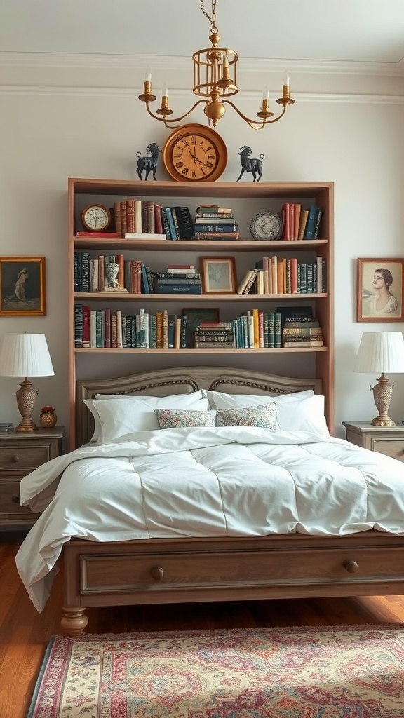 A vintage bookshelf filled with books and decorative items in a cozy bedroom