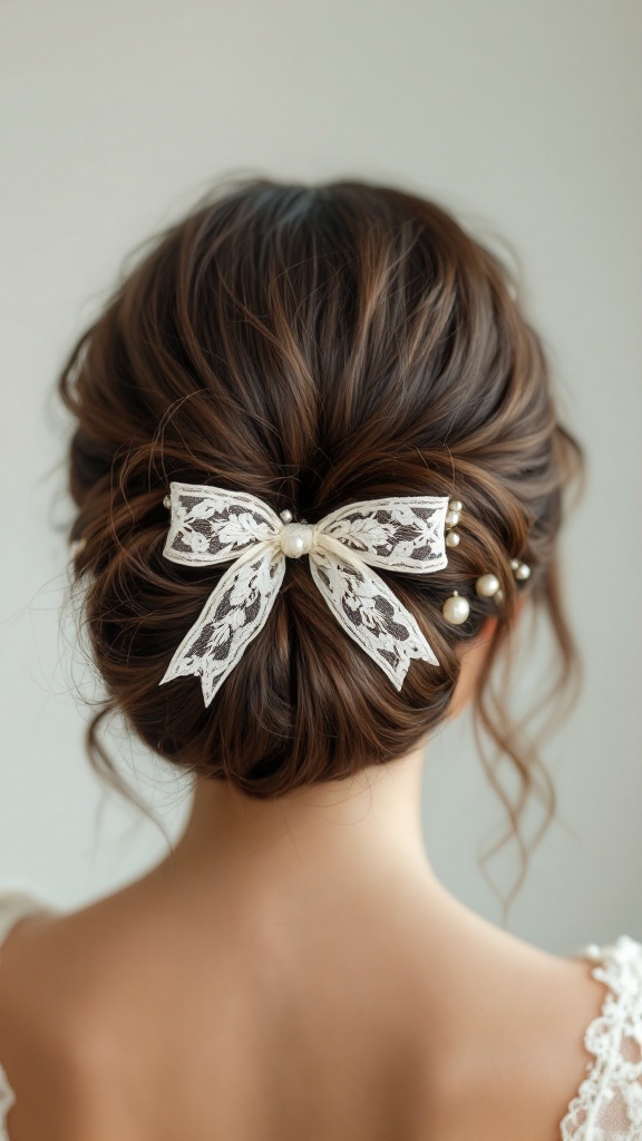 A woman's hair styled in a vintage bun with a lace bow accessory.