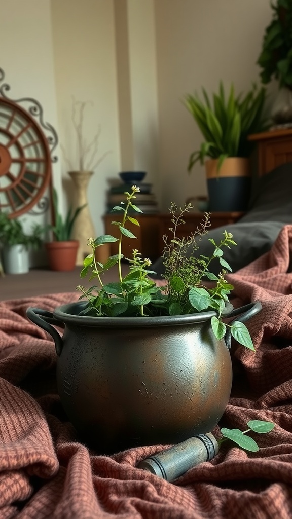 A vintage cauldron filled with plants on a cozy blanket in a bedroom setting