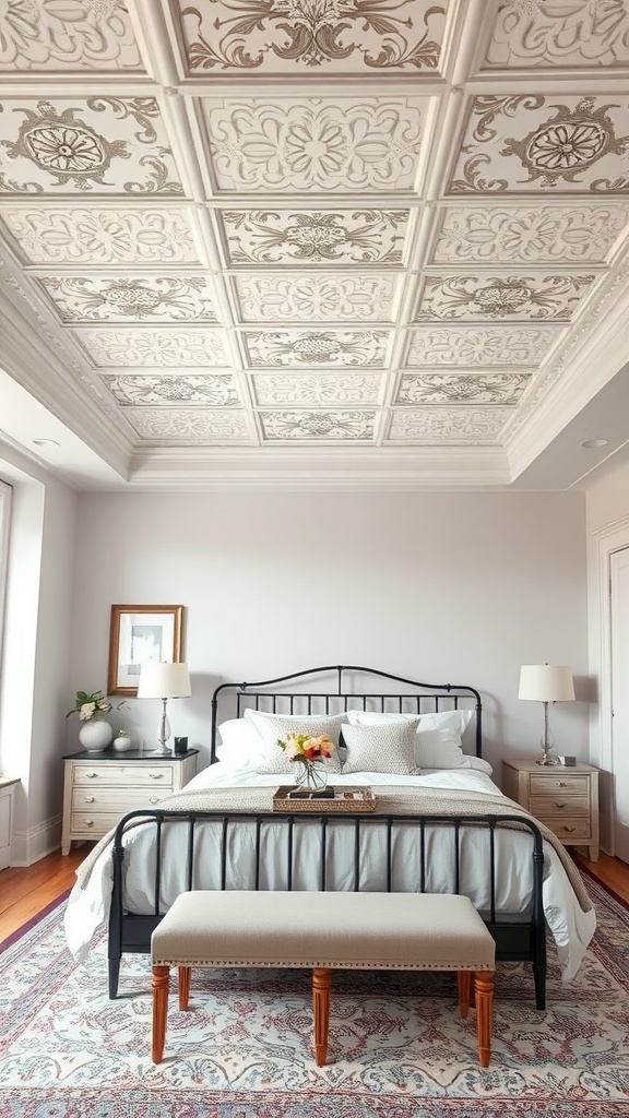 Vintage ceiling tiles in a stylish bedroom