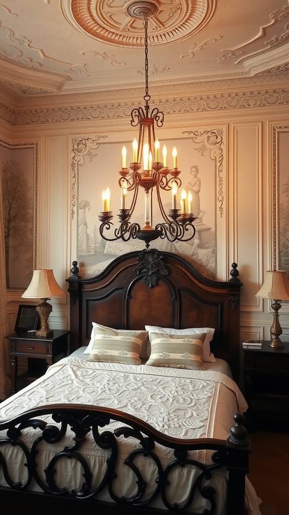 A vintage chandelier hanging from a decorative ceiling in a cozy bedroom with a wooden bed and soft pillows.