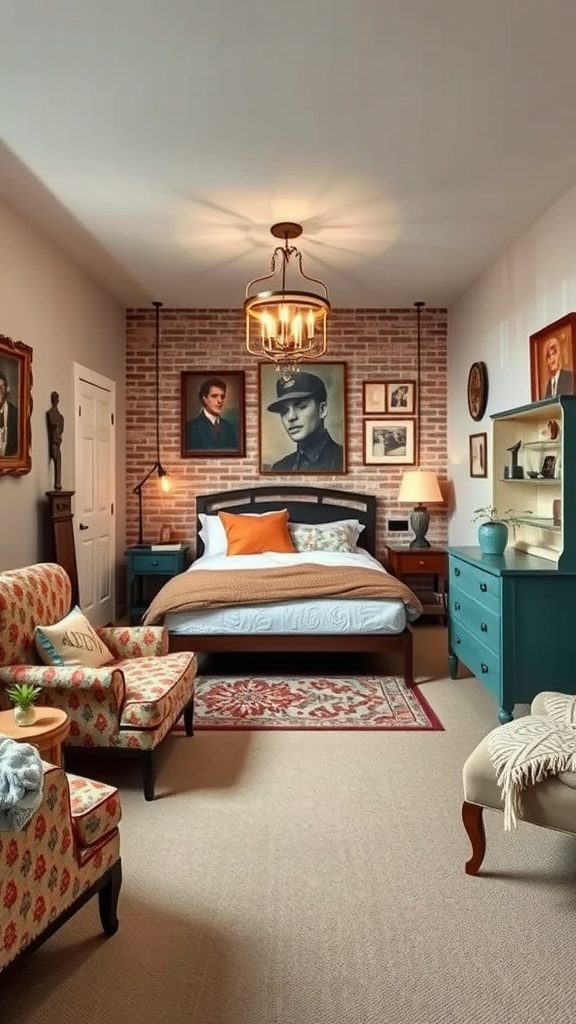 A vintage-style basement bedroom featuring a brick wall, vintage portraits, and cozy furniture.