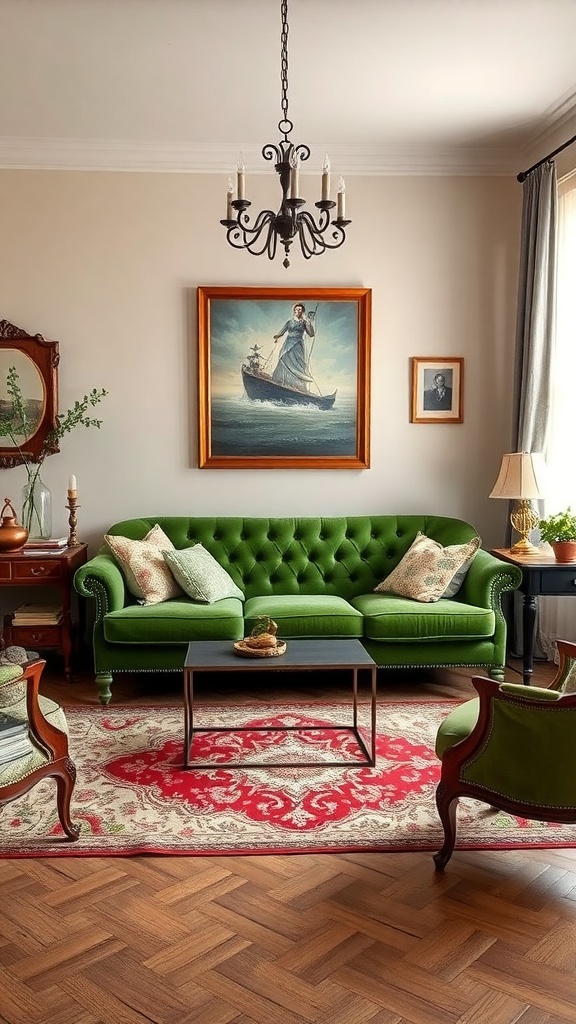 A vintage living room featuring a green velvet sofa, ornate chandelier, and framed artwork.
