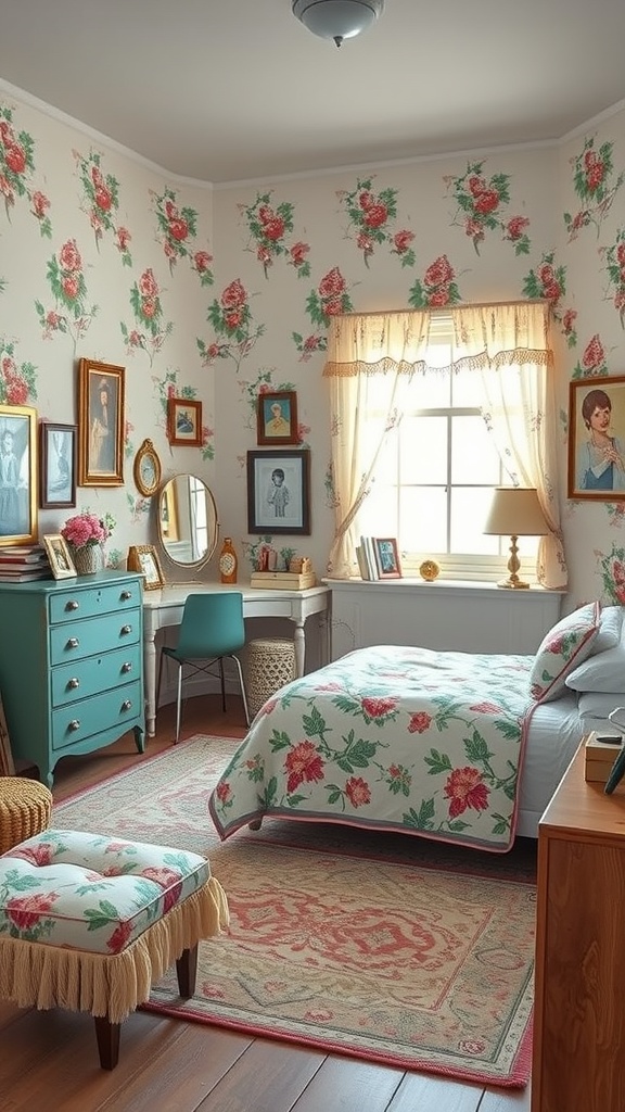 A vintage-inspired teen bedroom featuring floral wallpaper, a turquoise dresser, and a cozy bed with a floral quilt.